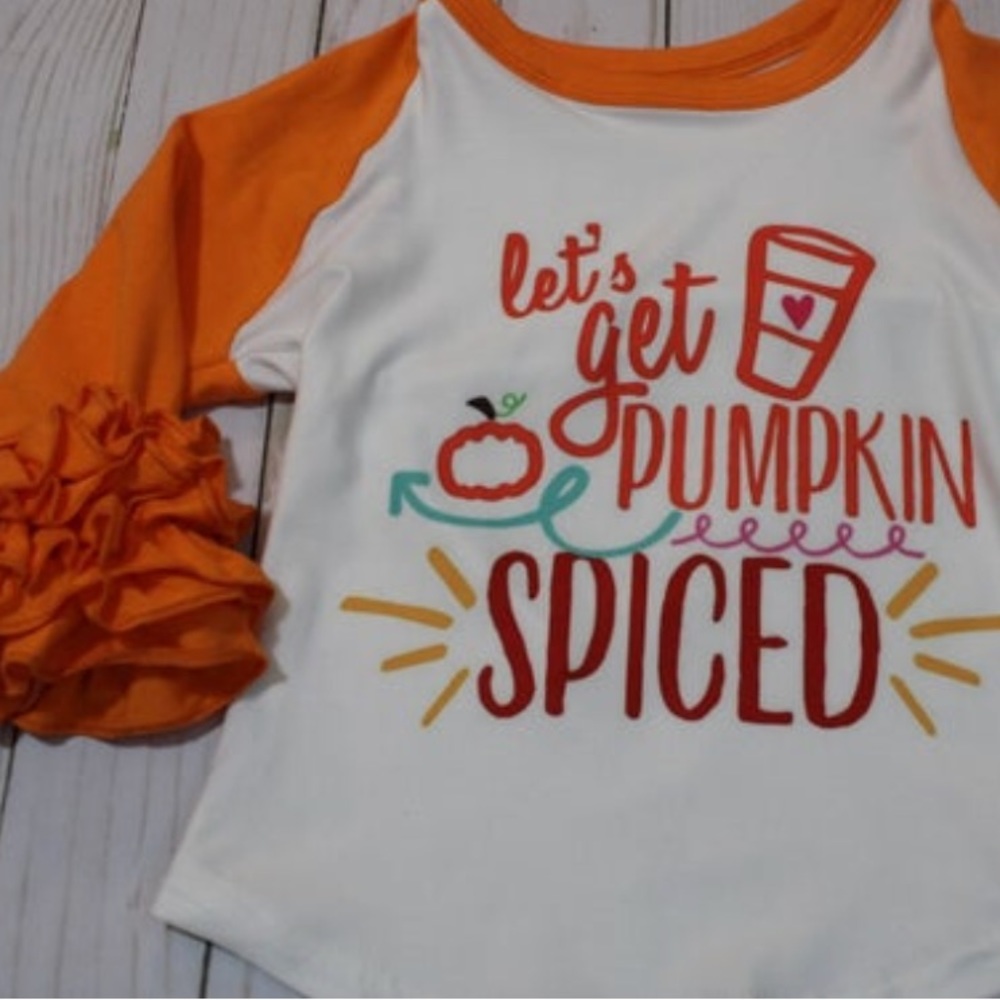 Brand new!  Kids pumpkin spice ruffle Raglan shirt
